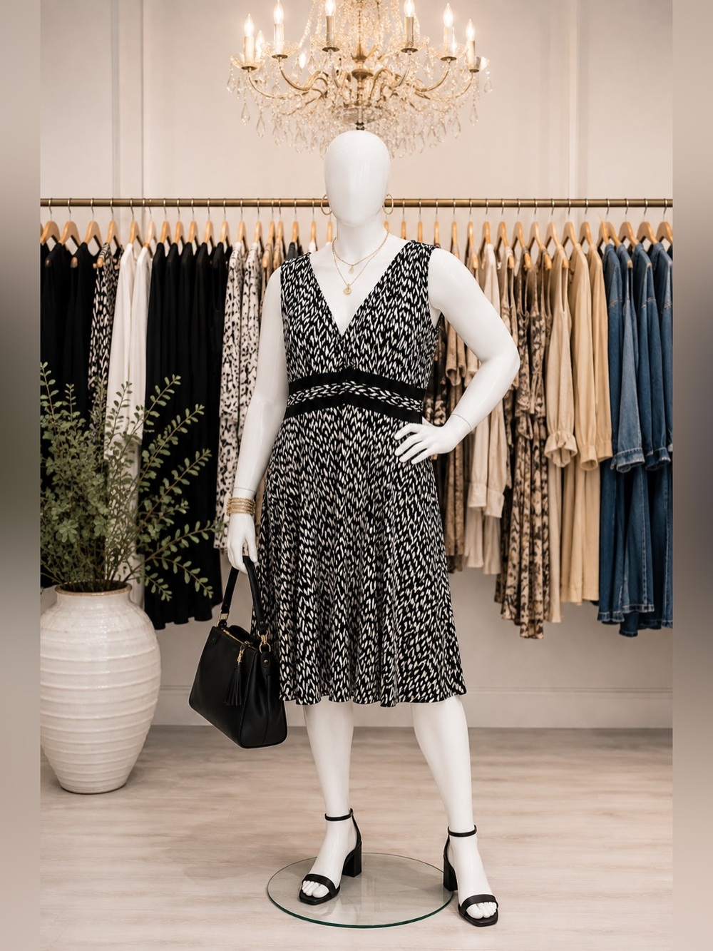 Aa Studio Black and White Printed V-Neck Midi Dress
